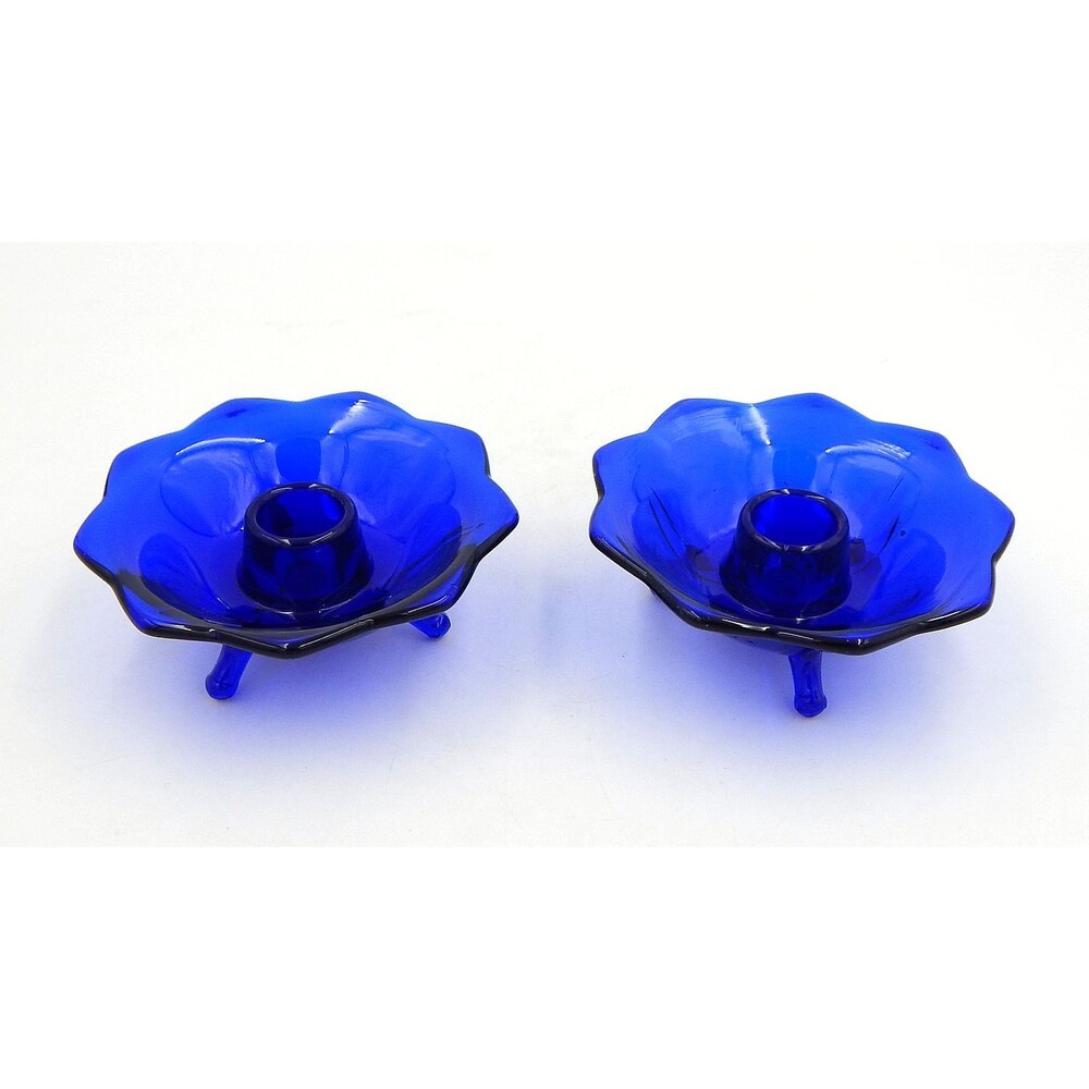 Fenton Lotus Flower Candle Holders Cobalt 848 Pair Royal Blue Three Toed